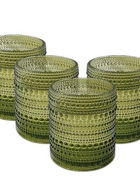 Vintage Pressed Green Hobnail Beaded Double Old Fashioned Glasses Set Of 4